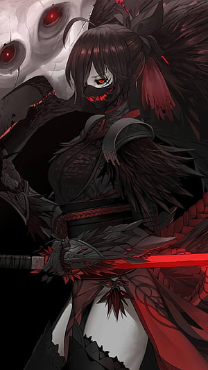 Dark anime warrior woman with glowing red eyes and a glowing red sword, wearing a black mask and armor with a skull background, Anime Girl Sword Fantasy Warrior Mobile, anime girl mobile HD phone wallpaper