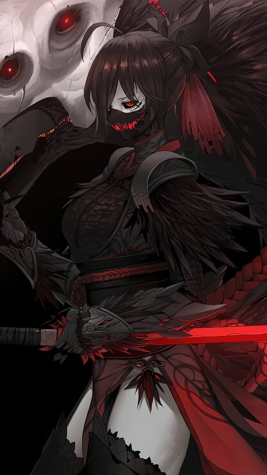 Dark anime warrior woman with glowing red eyes and a glowing red sword, wearing a black mask and armor with a skull background, Anime Girl Sword Fantasy Warrior Mobile, anime girl mobile HD phone wallpaper