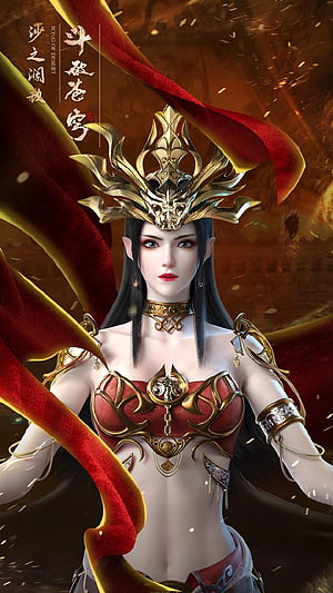 Sha Zhuluo from Battle Through the Heavens in ornate red and gold armor with flowing ribbons HD phone wallpaper