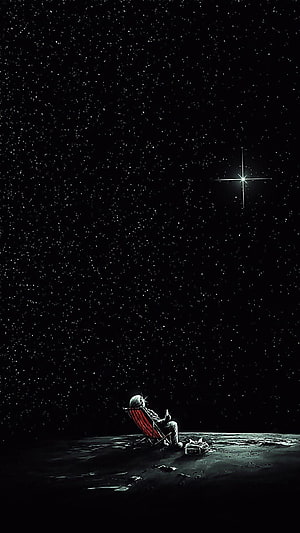 Astronaut Relaxing in a Red Chair on the Moon Under a Starry Night Sky HD phone wallpaper
