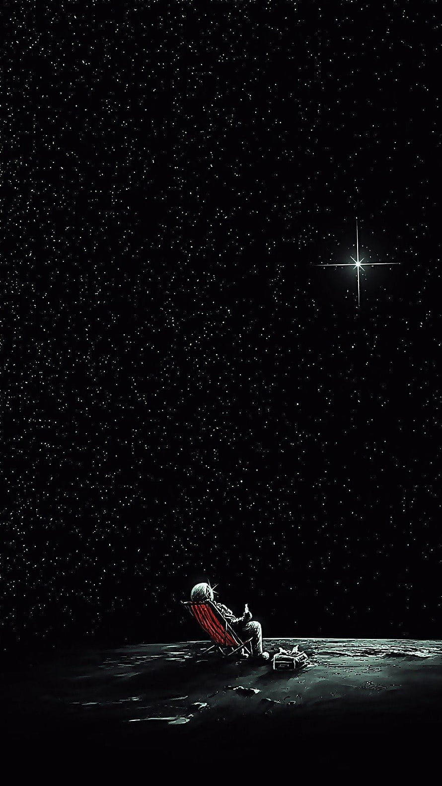 Astronaut Relaxing in a Red Chair on the Moon Under a Starry Night Sky HD phone wallpaper