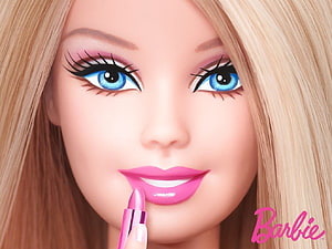 Barbie Close-Up Portrait with Pink Lipstick and Blue Eyes HD wallpaper
