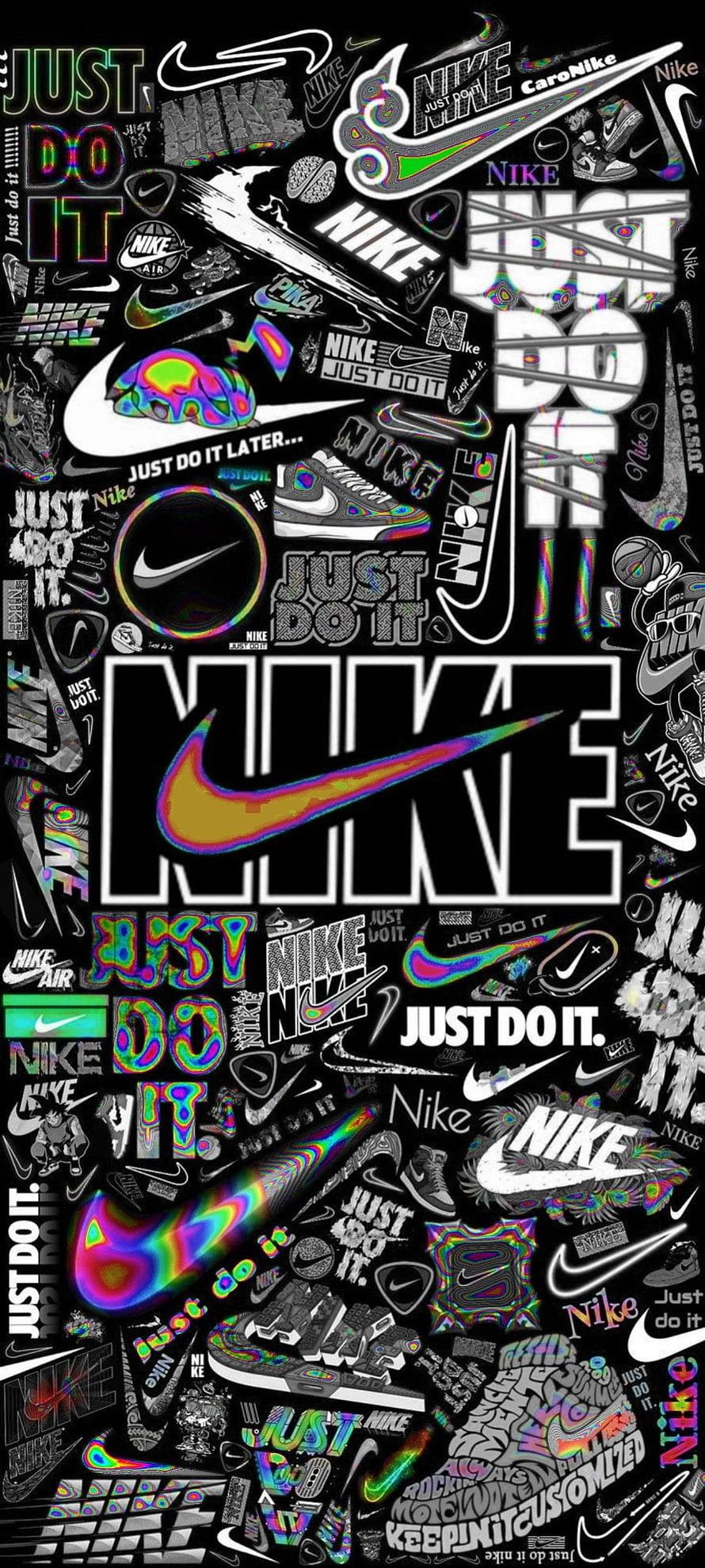 Nike Swoosh and Just Do It Typography Collage with Iridescent Glitch Effects on Black Background HD phone wallpaper