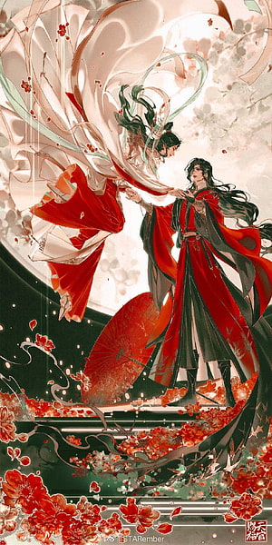 Tian Guan Ci Fu Danmei Illustration of Xie Lian and Hua Cheng in Red Attire HD phone wallpaper