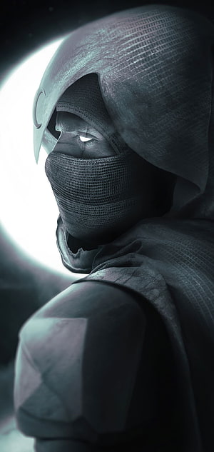 Mysterious hooded figure with glowing white eyes and futuristic mask against a bright moon backdrop HD phone wallpaper