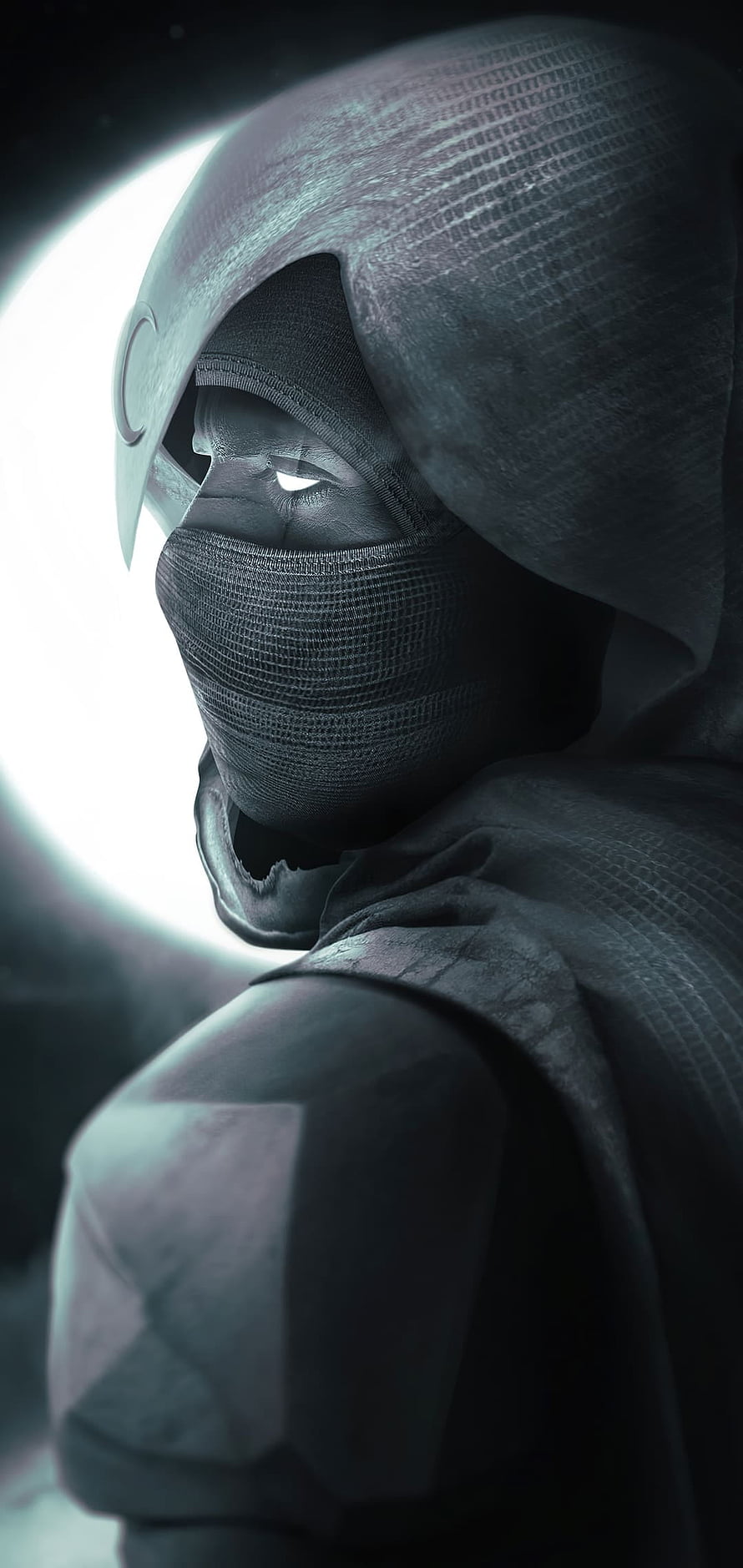 Mysterious hooded figure with glowing white eyes and futuristic mask against a bright moon backdrop HD phone wallpaper