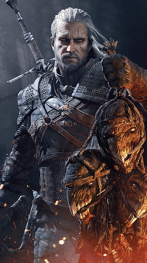 Geralt of Rivia holding monster heads in dark fantasy armor HD phone wallpaper