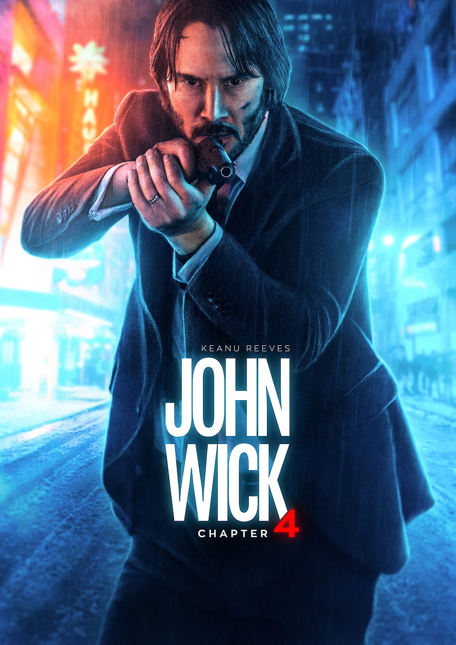 John Wick Chapter 4 Movie Poster Featuring Keanu Reeves Aiming Pistol in Neon City HD phone wallpaper