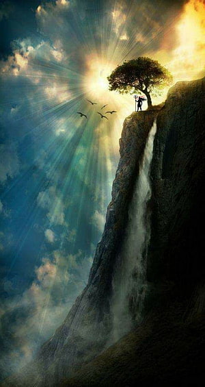 Silhouette of a warrior with a trident standing on a cliff edge under a radiant sun and waterfall HD phone wallpaper