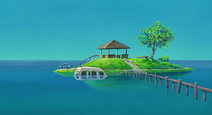 Ponyo Studio Ghibli Aesthetic Island Scene with Gazebo and Submerged Van HD wallpaper