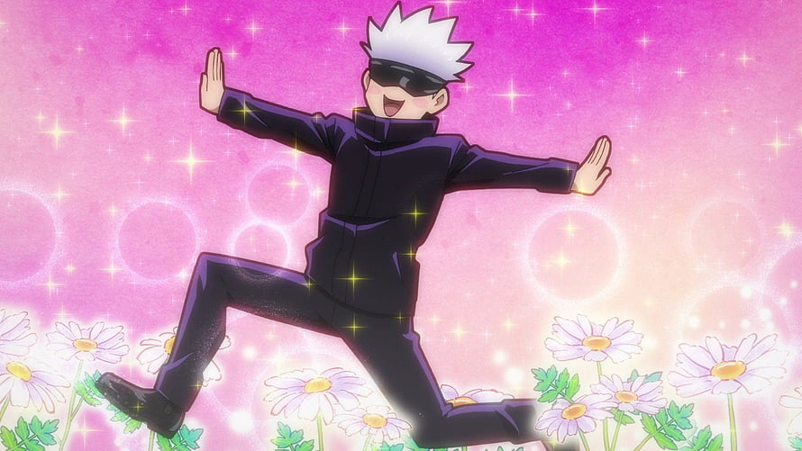 Gojo Satoru from Jujutsu Kaisen jumping joyfully in a field of daisies with a sparkling pink background HD wallpaper