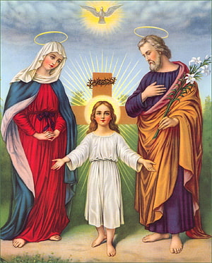 Holy Family Religious Artwork with Cross, Dove, and Lilies in Traditional Style HD phone wallpaper