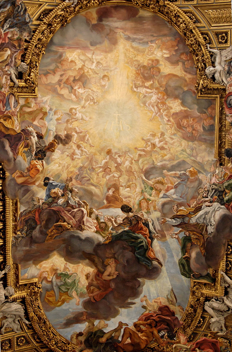Baroque Ceiling Fresco Depicting Heavenly Ascension with Angels and Saints in Ornate Gold Frame HD phone wallpaper