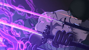 Anime swordsman wielding dual glowing purple katanas with mystical energy aura, roronoa zoro, zoro haki HD wallpaper