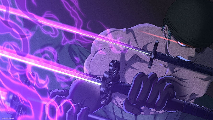 Anime swordsman wielding dual glowing purple katanas with mystical energy aura, roronoa zoro, zoro haki HD wallpaper