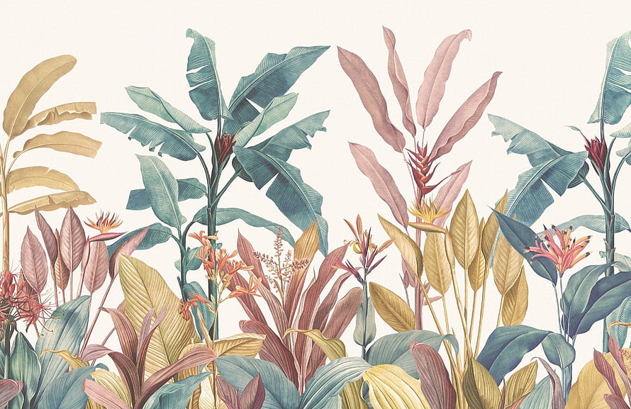 Vintage Tropical Botanical Illustration with Muted Pastel Foliage and Exotic Flowers HD wallpaper