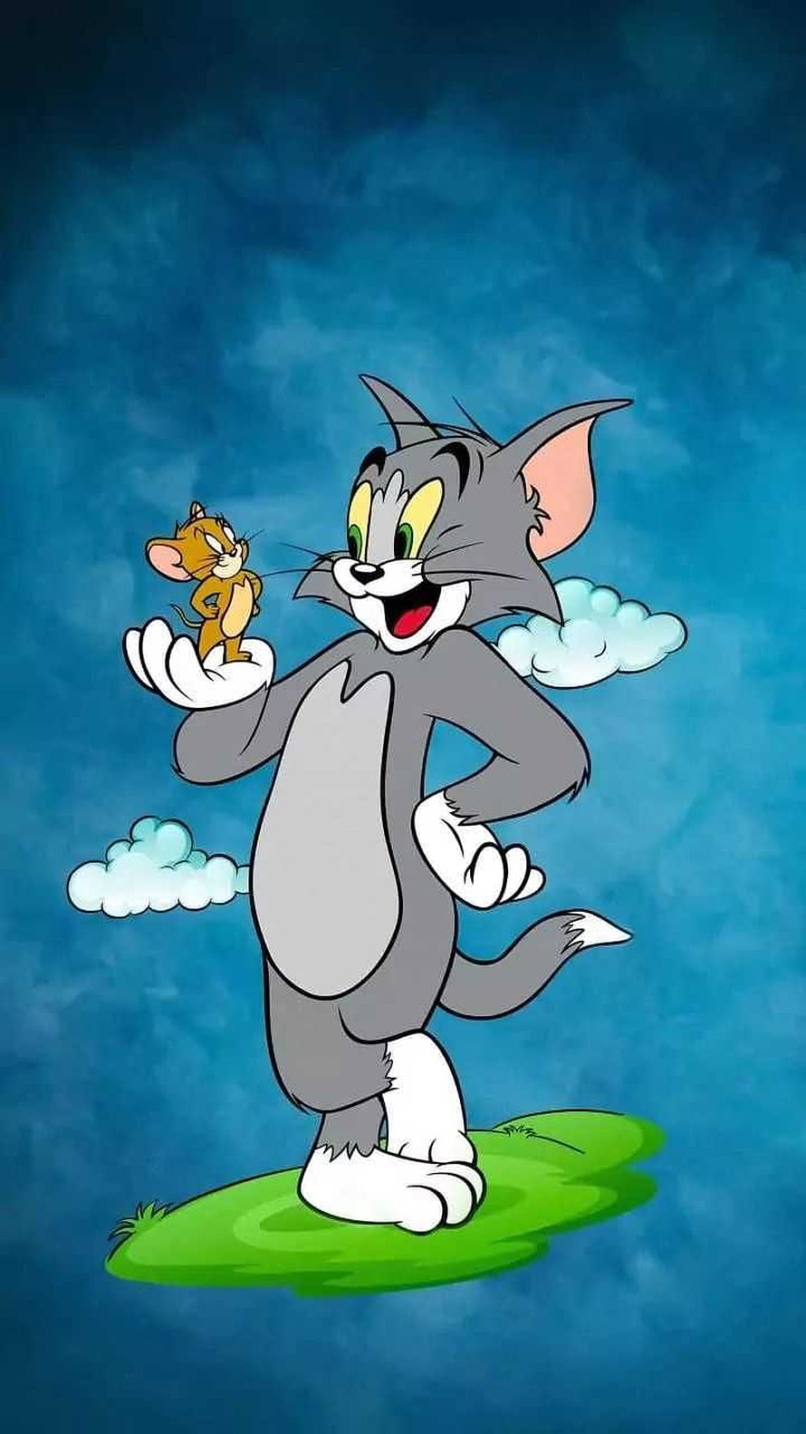 Tom and Jerry Cartoon Characters Standing on Grass in Blue Sky HD phone wallpaper