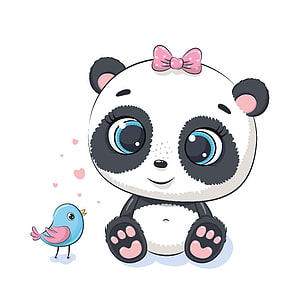 Adorable Cartoon Panda Girl with Pink Bow and Blue Bird HD phone wallpaper