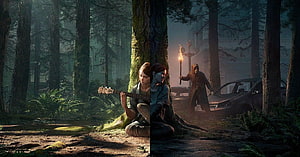 The Last of Us Ellie and Dina Playing Guitar in Forest with Firefly HD wallpaper