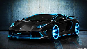 Black Lamborghini Aventador with Tron Blue Neon Accents in Industrial Garage HD wallpaper