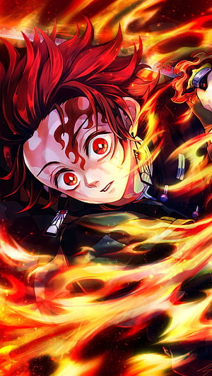 Tanjiro Kamado in Sun Breathing Mode from Demon Slayer with Fiery Red Flames and Intense Expression HD phone wallpaper