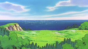 Pokegear Animated Coastal Landscape with Rolling Green Hills and Ocean View HD wallpaper