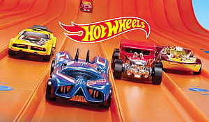 Hot Wheels Die-Cast Toy Cars Racing on Orange Track HD wallpaper