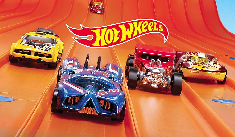 Hot Wheels Die-Cast Toy Cars Racing on Orange Track HD wallpaper