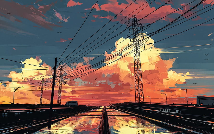 Anime Style Railway Tracks at Sunset with Power Lines and Dramatic Clouds HD wallpaper