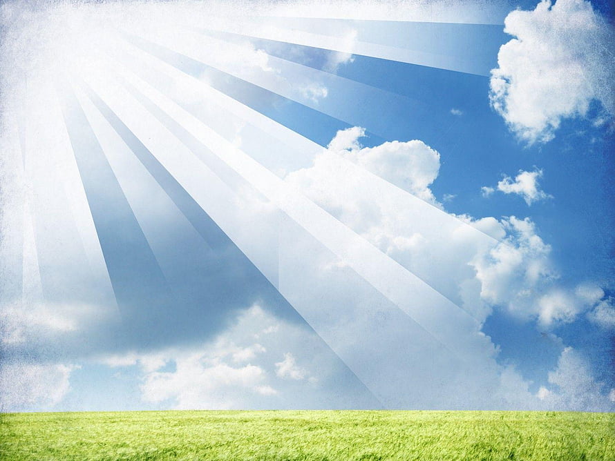 Divine Light Rays Over Green Meadow with Blue Sky and Clouds HD wallpaper