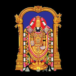 Tirupati Balaji deity adorned in gold ornaments and flower garlands within ornate archway HD phone wallpaper
