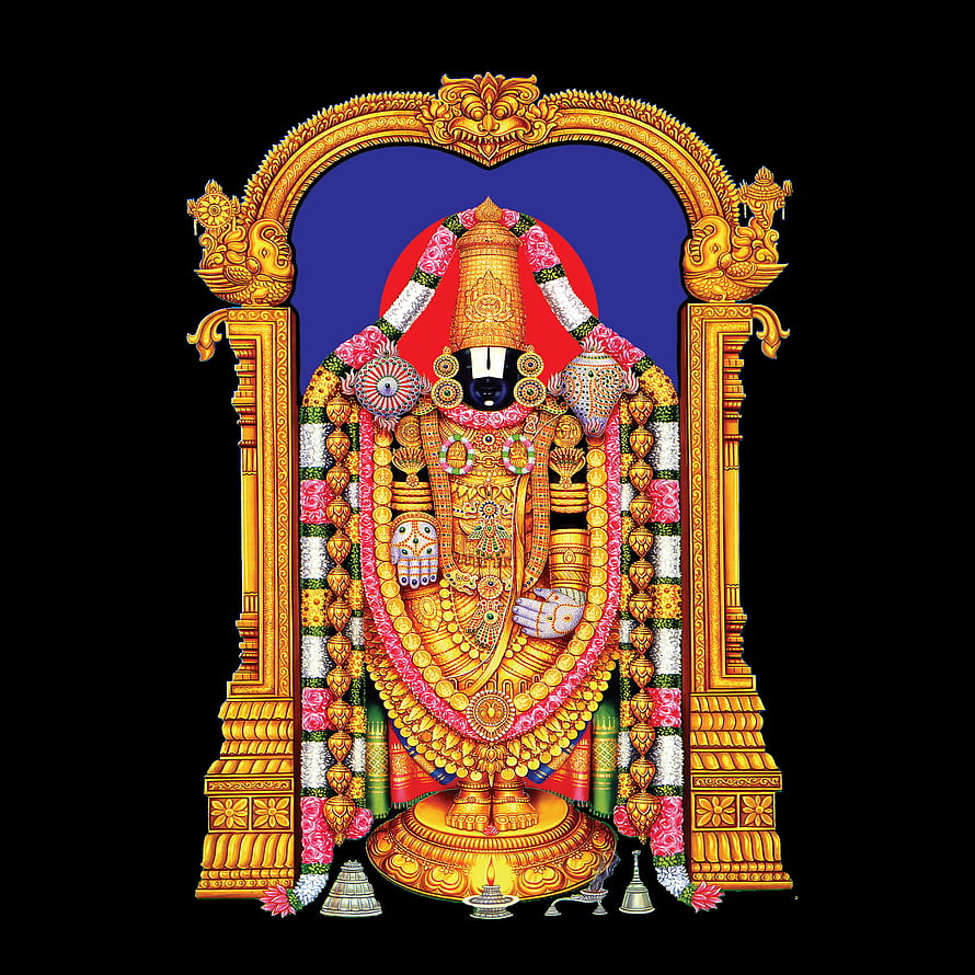 Tirupati Balaji deity adorned in gold ornaments and flower garlands within ornate archway HD phone wallpaper