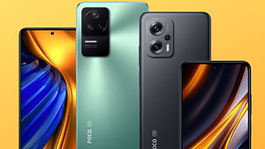 POCO F4 5G and X4 GT smartphones displayed in mint green and dark gray colorways HD wallpaper