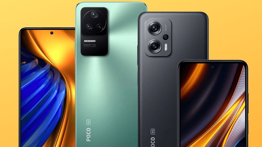 POCO F4 5G and X4 GT smartphones displayed in mint green and dark gray colorways HD wallpaper