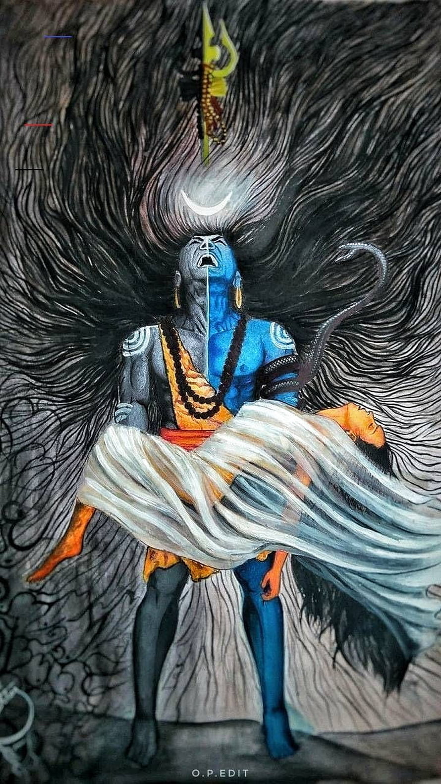 Shiva and Parvati Divine Union Artwork, Blue Skinned Deity with Crescent Moon and Serpent HD phone wallpaper