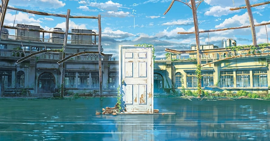 Suzume no Tojimari Animated Scene with Weathered Door in Flooded Ruins HD wallpaper