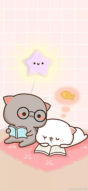 Mochi Mochi Peach Cat Goma and Peach Reading Books on Pink Rug with Star Balloon HD phone wallpaper