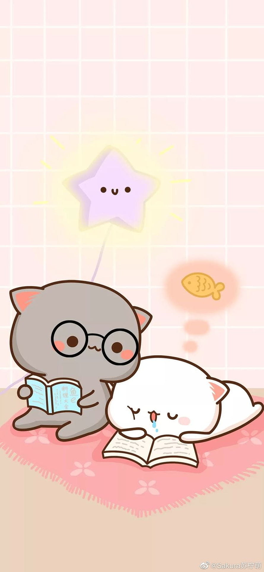 Mochi Mochi Peach Cat Goma and Peach Reading Books on Pink Rug with Star Balloon HD phone wallpaper