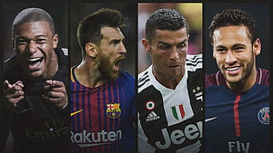 Kylian Mbappe, Lionel Messi, Cristiano Ronaldo, and Neymar Jr. in Club Kits HD wallpaper