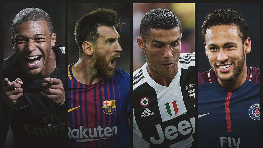 Kylian Mbappe, Lionel Messi, Cristiano Ronaldo, and Neymar Jr. in Club Kits HD wallpaper