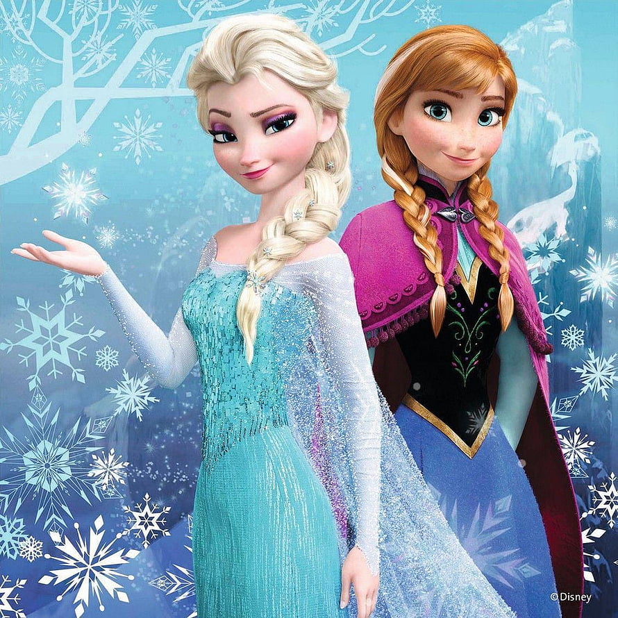 Elsa and Anna from Frozen in Winter Gowns with Snowflake Background HD phone wallpaper