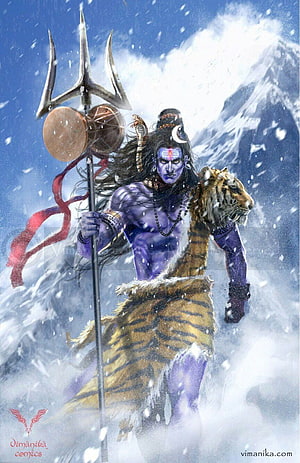 Lord Shiva in Fierce Winter Storm with Trident and Tiger Skin HD phone wallpaper