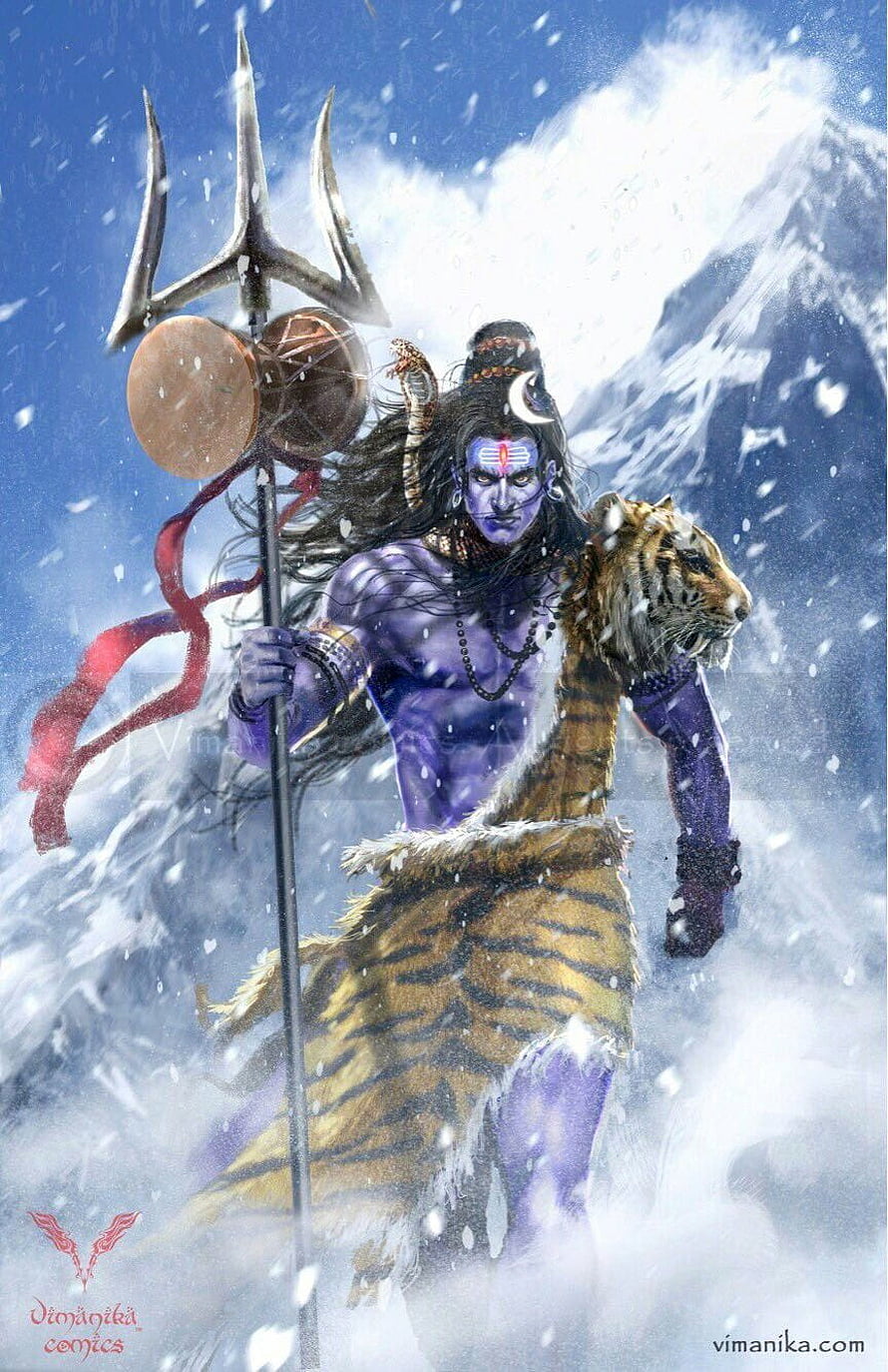 Lord Shiva in Fierce Winter Storm with Trident and Tiger Skin HD phone wallpaper