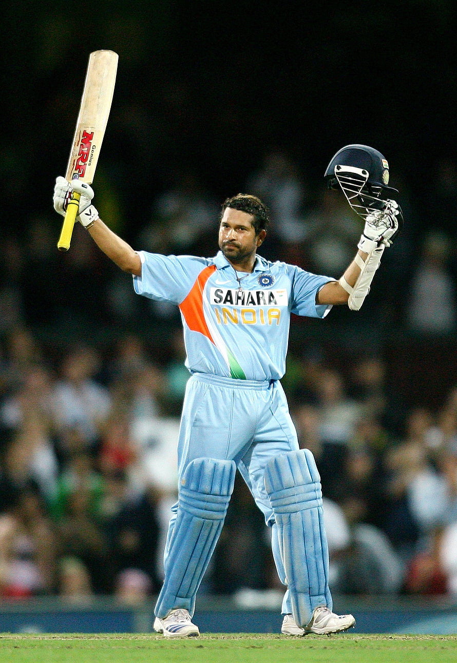 Sachin Tendulkar Celebrating with Bat and Helmet in India Cricket Kit HD phone wallpaper
