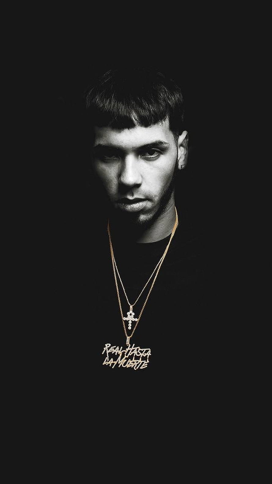 Anuel AA Black and White Portrait with Gold Cross Necklace and Pendant HD phone wallpaper