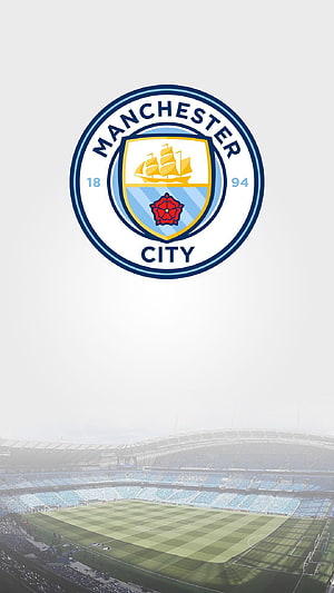 Manchester City FC Crest Above Etihad Stadium Pitch in Misty Atmosphere HD phone wallpaper