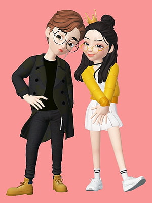 3D cartoon avatar couple with glasses and crown on pink background HD phone wallpaper