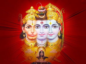 Triad of Hindu Deities: Hanuman, Shiva, and Ram with Golden Crowns on Red Background, Ram Hanuman Shiva, #ram hanuman HD wallpaper