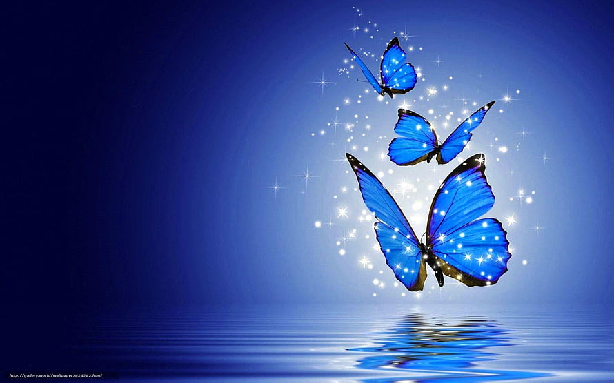 Three glowing blue butterflies with sparkling wings flying over a calm water surface HD wallpaper