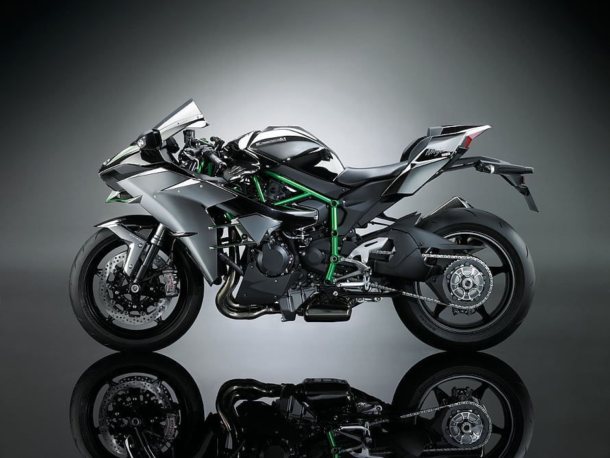 Kawasaki Ninja H2 Superbike in Silver and Green on Studio Background HD wallpaper